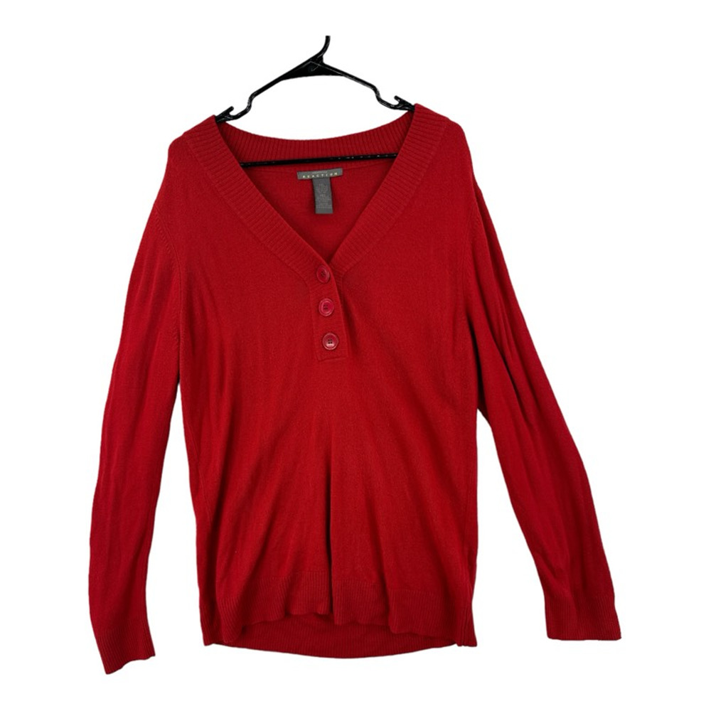 Kenneth Cole Henley Sweater Women's XXL‎ Red Solid Long Sleeve V Neck Tight Knit